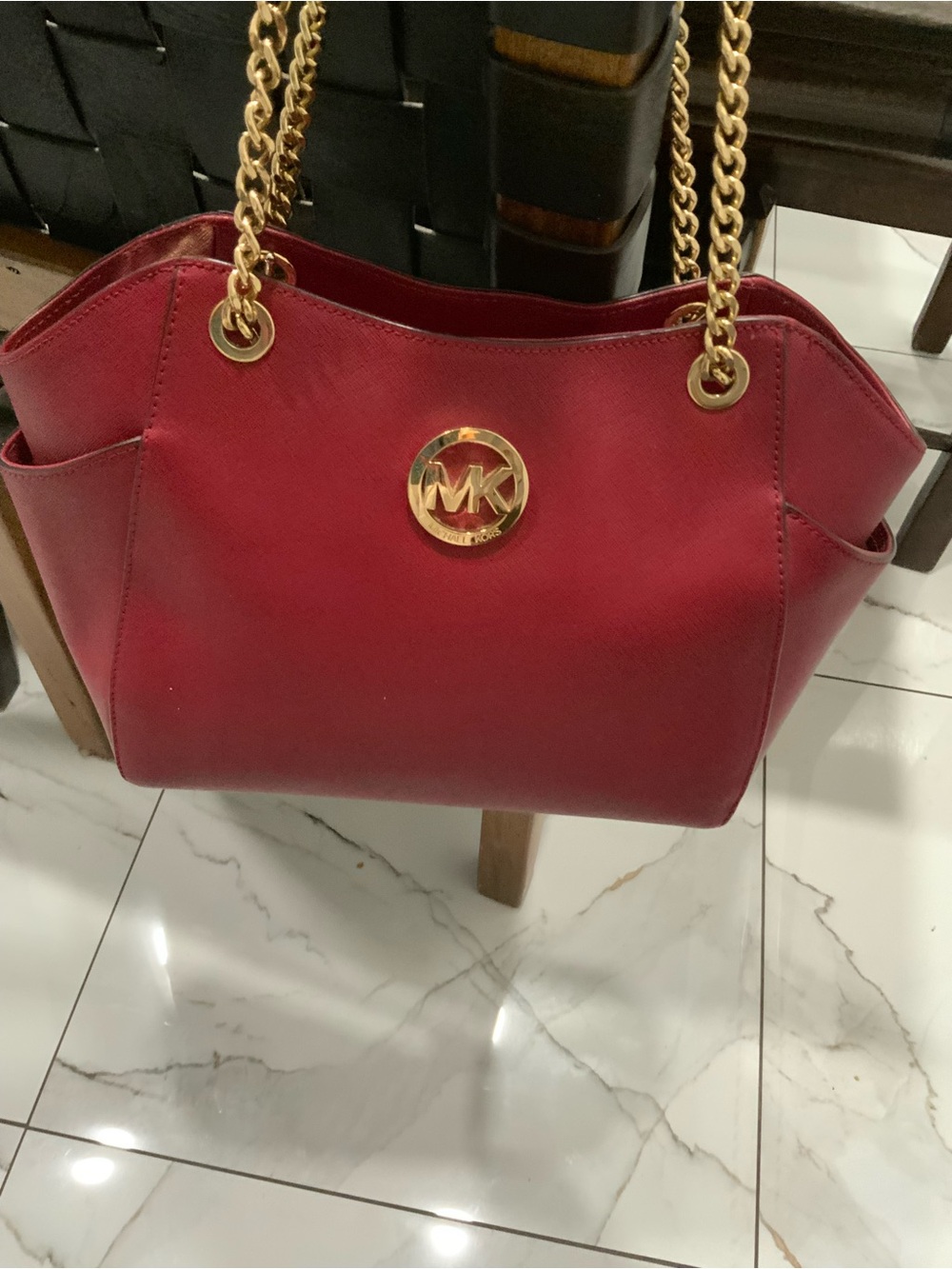 Michael Kors Burgundy Saffiano Leather Shoulder Bag with Gold Chain